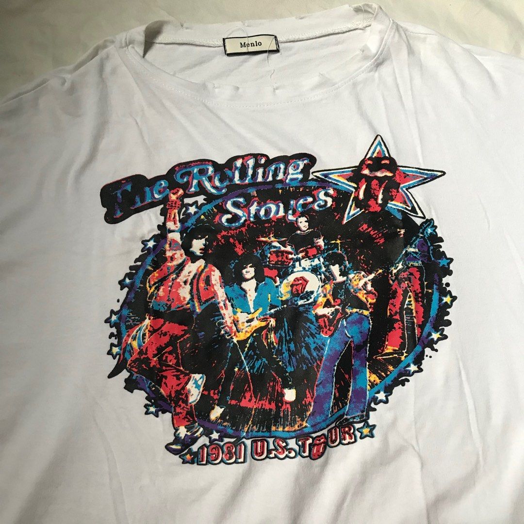 The Rolling Stones 1981 Tour Graphic Tee (Category: Tshirts & Polo Shirts ) located in Marikina City. Submitted by mmoncheri (Listing ID 1398261677, Image 2). Description: - Vintage Rolling Stones t-shirt - Features graphics from the 1981 U.S. Tour - Front: Band members and "1981 U.S. TOUR" text - Back: Iconic tongue logo and "1981 TATTOO YOU TOUR" text - Crew neck - Relaxed Wide fit.