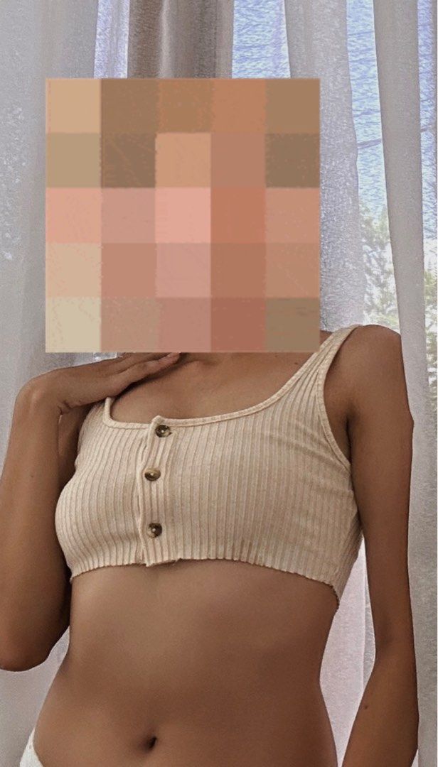 Topshop Ribbed Crop Top (Category: Shirts) located in Binan City. Submitted by mid.elle (Listing ID 1398215814, Image 3). Description: - Topshop cream crop top - Ribbed texture - Button-up front - Wide straps - UK size 4 / US size 2 -See when worn photo .