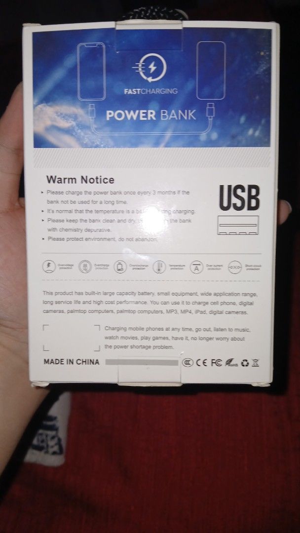 USB Power Bank (Category: Chargers) located in Quezon City. Submitted by silverfire_64ac42 (Listing ID 1398317047, Image 2). Description: All things came from the original box including USB Charger Micro USB for charging The Unit itself Bonus Lace RFS: no longer need it.