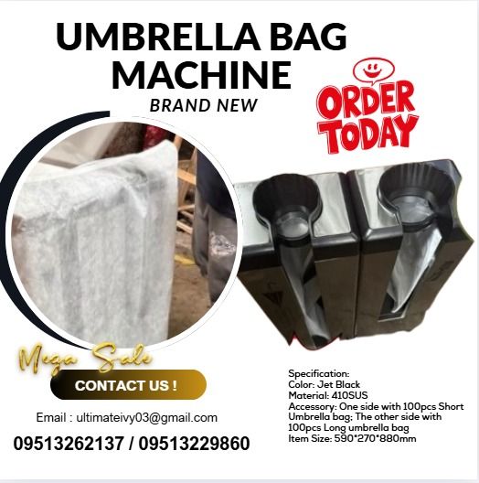 WET UMBRELLA BAG MACHINE LONG & SHORT PLASTIC (Category: Umbrellas) located in Caloocan City. Submitted by vedadacian34812 (Listing ID 1398256743, Image 1). Description: Specification: Color: Jet Black Material: 410SUS Accessory: One side with 100pcs Short Umbrella bag; The other side with 100pcs Long umbrella bag Item Size: 590*270*880mm ✅ 100% LEGIT TRUSTED SUPPLIER! ✅ With Complete Legal Documents ✅ BIR Registered .