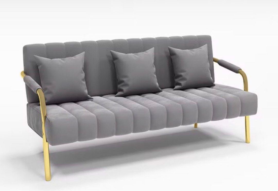 3 Seater Velvet Sofa (Category: Sofas) located in Pasig City. Submitted by amziyu (Listing ID 1398355689, Image 1). Description: - Grey velvet sofa - Gold metal legs and armrest accents - No Pillows - Has stains but can be washed and brushed out - Dimensions: - Length: 1500mm - Depth: 580mm - Total Height: 720mm - Back Height: 380mm - Sitting Height: 400mm.