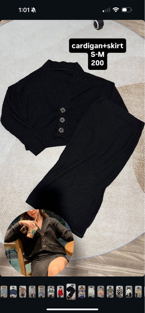 Black Cardigan and Skirt Set (Category: Sets or Coordinates) located in Navotas City. Submitted by prellelovedd (Listing ID 1398368235, Image 1). Description: - Black ribbed cardigan and midi skirt set - Cardigan with three buttons - Midi skirt length - Perfect for casual or night-out wear - Versatile styling options.