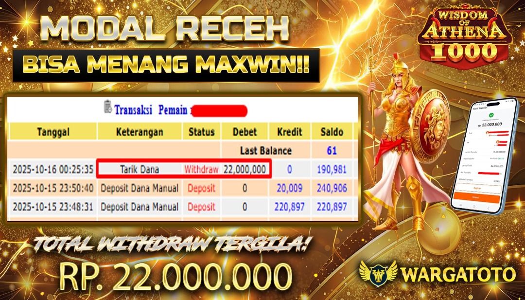 BUKTI JACKPOT WARGATOTO 16 OKTOBER 2025 (Category: Watches) located in Jakarta Barat. Submitted by wargatoto_official (Listing ID 1398519913, Image 1). Description: Bukti Kemenangan Terbaru di WARGATOTO! 🎯 Hari ini suasana makin ramai karena salah satu member setia dengan ID : f**v****4 berhasil membawa pulang Rp 22.000.000 dari game WISDOM OF ATHENA 1000 💥 Main santai, modal terukur, tapi hasilnya benar-benar spektakuler! Game satu ini memang 