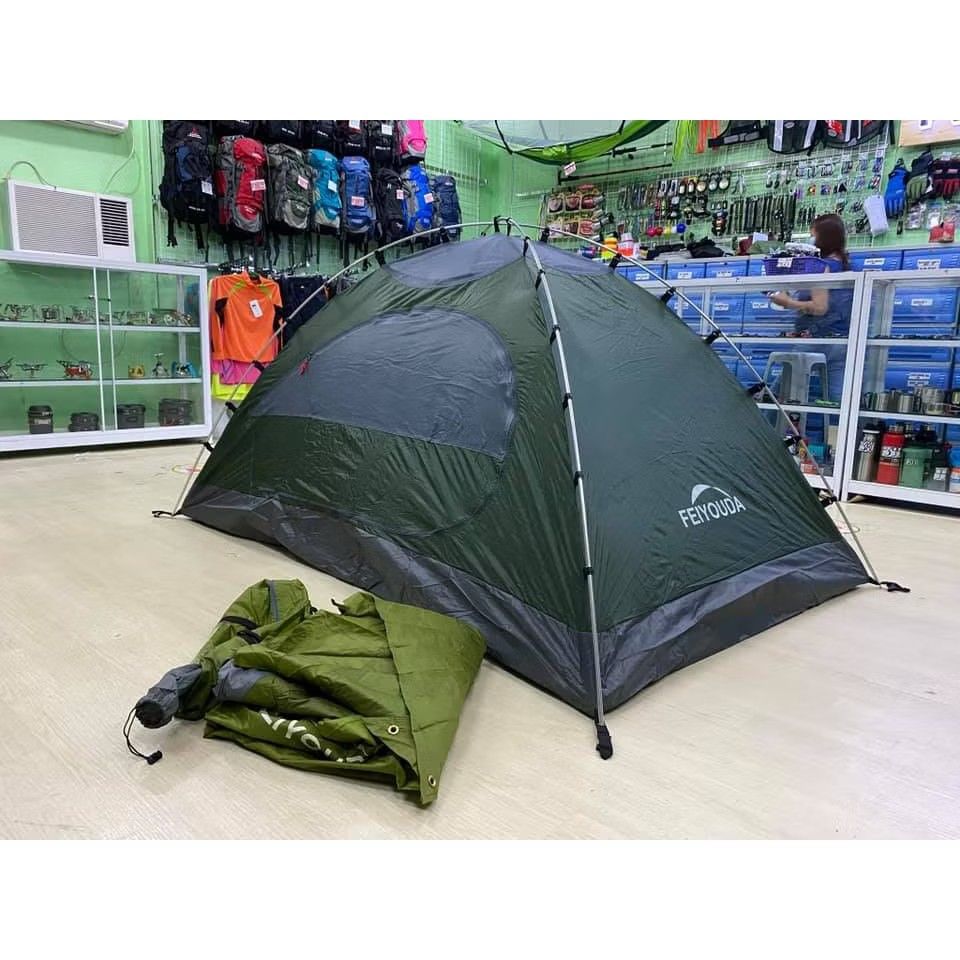 Feiyouda Camping Tent (Category: Hiking & Camping) located in Manila. Submitted by abigirl. (Listing ID 1398510221, Image 3). Description: Freestanding Tent - 2 pax capacity, 2 doors - With groundsheet (material: 210T waterproof 210D oxford PU 3,000 mm fabric) - Taped seams flysheet,Rip stop waterproof fabric flysheet with vestibule for extra storage - Tub type flooring - Air Vent window - Utility pockets on inner tent - Reflectors on flysheet - 
