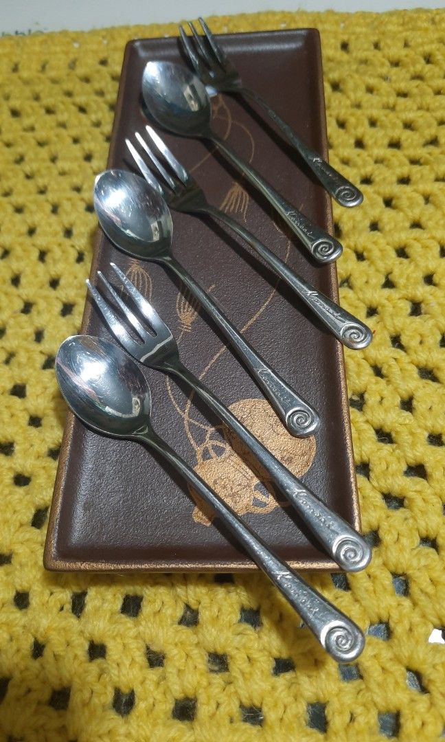 Kansai swirl teaspoon/fork set Stainless Japan/pair (Category: Dinnerware & Cutlery) located in Manila. Submitted by luckycharm_215 (Listing ID 1398495523, Image 1). Description: per pair.