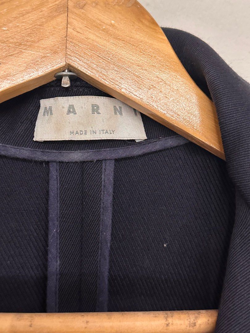 MARNI Navy Blue Wool Blazer (Category: Coats, Jackets and Outerwear) located in Makati City. Submitted by mint___condition (Listing ID 1398388844, Image 2). Description: • MARNI blazer • 100% lana-wool • Dark navy color • Shoulders: 35cm; Length: 42cm • Tailored, cropped fit • Made in Italy.
