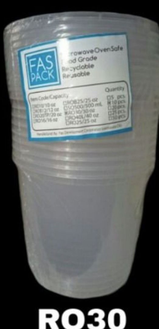 Microwaveable Round 750ml, RO 30 Fas Pack (Category: Bakeware) located in Manila. Submitted by batchiek (Listing ID 1398498633, Image 3). Description: 40 pesos / 10pcs/pack 1200 pesos / box RO30 Ro750ml Fas Pack microwaevable 30packs/box of 10pcs/pack 300 pcs per Box Solve By Box.