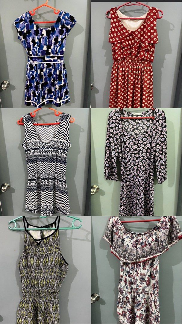 Take all 6 Print Dresses or rompers (Category: Dresses) located in Manila. Submitted by decluttify (Listing ID 1398402549, Image 1). Description: - Print dresses and rompers - Size: M - Various brands - Features a variety of prints and styles.