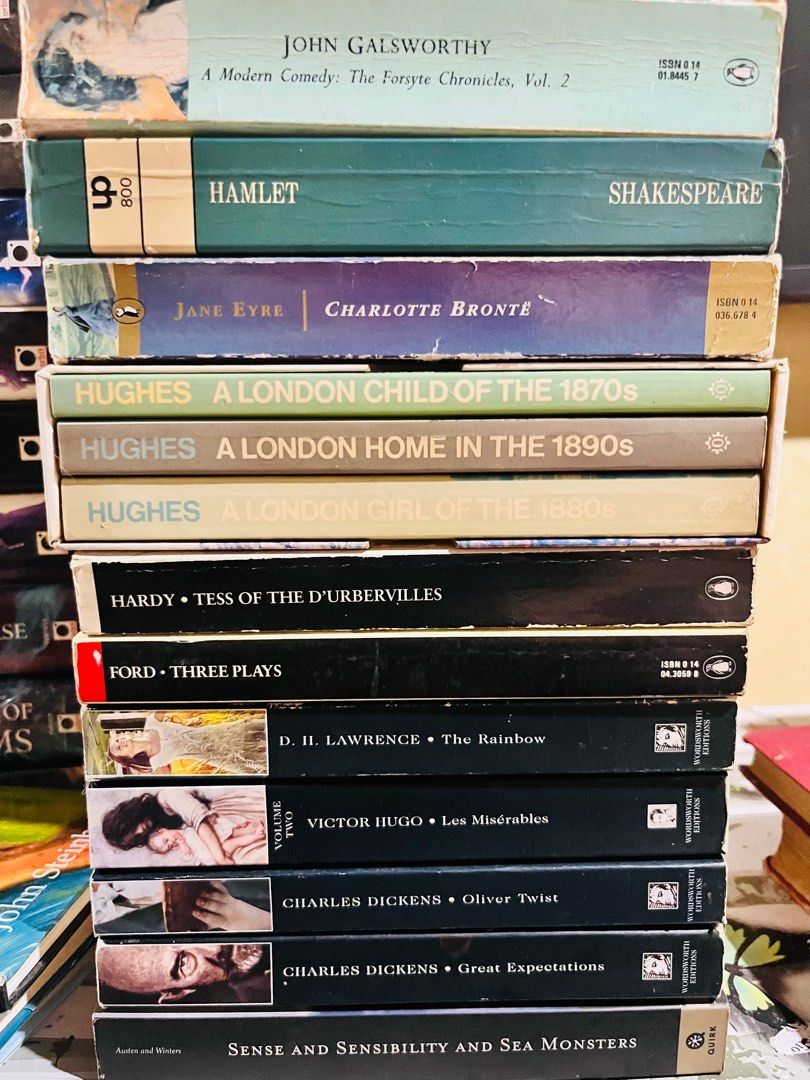 Classic Literature Books (Category: Storybooks) located in Manila. Submitted by hazebooksdeclutter (Listing ID 1398614026, Image 1). Description: 230 each - Collection of classic literature books. - Titles include: "A Modern Comedy: The Forsyte Chronicles, Vol. 2", "Hamlet", "Jane Eyre", "Tess of the D'Urbervilles", "Three Plays", "The Rainbow", "Les Misérables", "Oliver Twist", and "Great Expectations". - Features books from various publishers a
