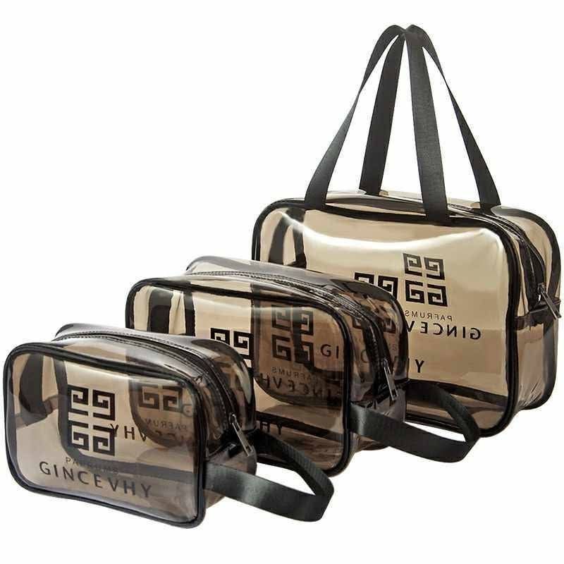 Clear Cosmetic Bag Set 3in1 (Category: Makeup) located in Manila. Submitted by lyfrancois14 (Listing ID 1398615158, Image 1). Description: Set of three clear cosmetic bags from Gincevhy. The bags come in different sizes, with a large tote bag and two smaller pouches. They feature black handles and a black Gincevhy logo. The bags are transparent, allowing you to easily see the contents inside. Perfect for organizing your cosmetics or toiletries..