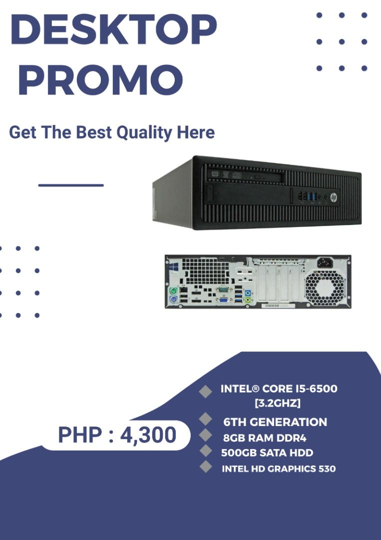 CORE I5 6TH GEN HP DESKTOP 2NDHAND (Category: Desktops) located in Quezon City. Submitted by pcwinnerchai (Listing ID 1398546909, Image 1). Description: 🔰 HP ELITEDESK 800 G2 🔰 ✅ INTEL® CORE i5-6500 [3.2ghz] ✅ 6TH GENERATION ✅ 8GB RAM DDR4 ✅ 500GB SATA HDD ✅ INTEL HD GRAPHICS 530 ✅ 4 CORES, 4 THREADS ➡️ VGA PORT ➡️ DISPLAY PORT (2) ➡️ SERIAL PORT ➡️ USB 3.0/2.0 ➡️ LAN PORT PHP : 💸 4,500 ✅ MODE OF PAYMENT ➡ CASH ➡ GCASH ➡ BANK TRANSFER ❌ NO COD
