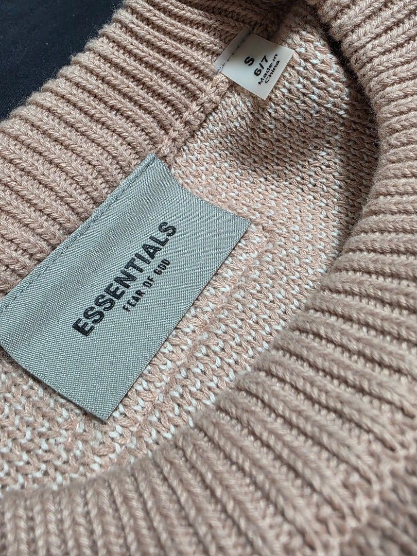 Fear of God Essentials Sweater (Category: Coats, Jackets and Outerwear) located in Quezon City. Submitted by yGGGG (Listing ID 1398636126, Image 3). Description: - Fear of God Essentials Sweater (original) - Beige color - Size: S (19w x 20 L) - Features brand logo - Ribbed knit texture - Made in China - Material: 60% cotton, 40% polyester - negotiable.