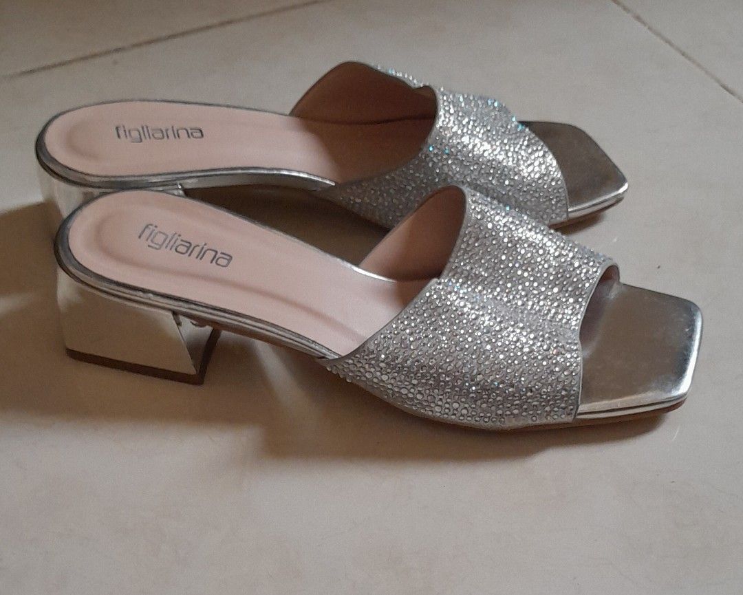 Figliarina Silver Rhinestone Sandals (Category: Flats & Sandals) located in Lapu Lapu. Submitted by aimfl (Listing ID 1398593665, Image 3). Description: Elegant silver Figliarina sandals with rhinestone detailing, square toe, and block heel. Perfect for special occasions. Only used 3 times. DM for actual measurement..