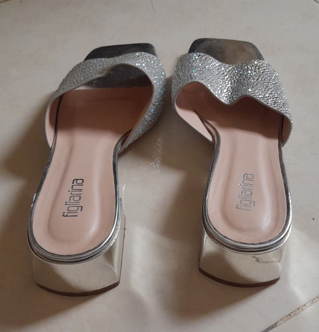 Figliarina Silver Rhinestone Sandals (Category: Flats & Sandals) located in Lapu Lapu. Submitted by aimfl (Listing ID 1398593665, Image 2). Description: Elegant silver Figliarina sandals with rhinestone detailing, square toe, and block heel. Perfect for special occasions. Only used 3 times. DM for actual measurement..
