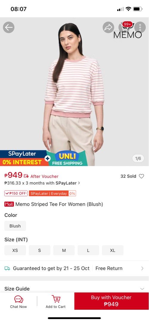 Memo Striped Tee For Women - Blush (Category: Shirts) located in Valencia. Submitted by shyk13 (Listing ID 1398525312, Image 1). Description: - Blush-colored Memo striped tee - Classic striped design - Round neckline - Short sleeves - Designed for women - Used once only, not flattering on my body.