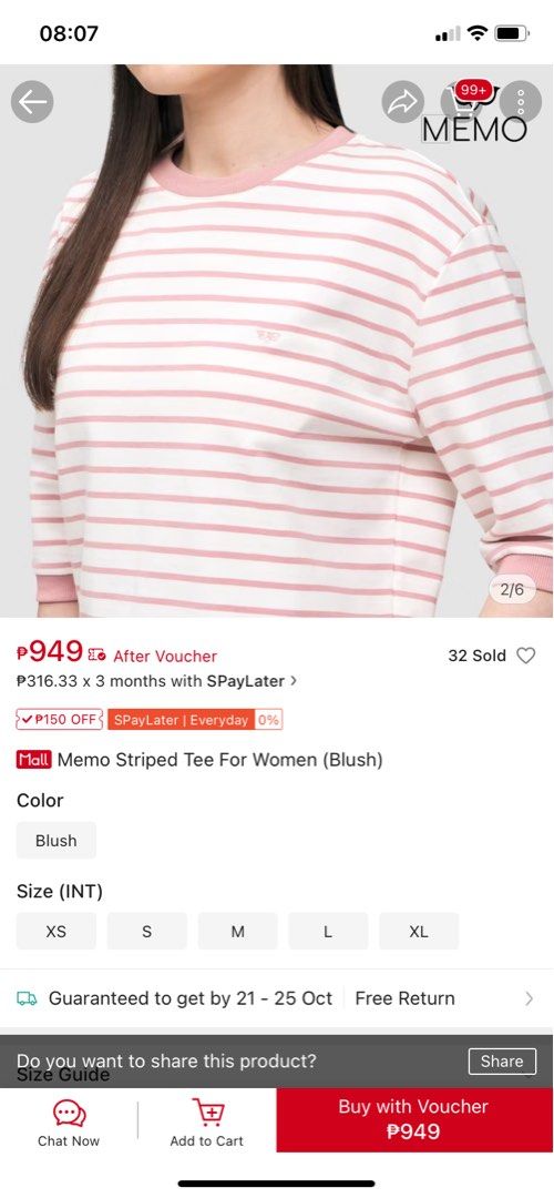 Memo Striped Tee For Women - Blush (Category: Shirts) located in Valencia. Submitted by shyk13 (Listing ID 1398525312, Image 2). Description: - Blush-colored Memo striped tee - Classic striped design - Round neckline - Short sleeves - Designed for women - Used once only, not flattering on my body.