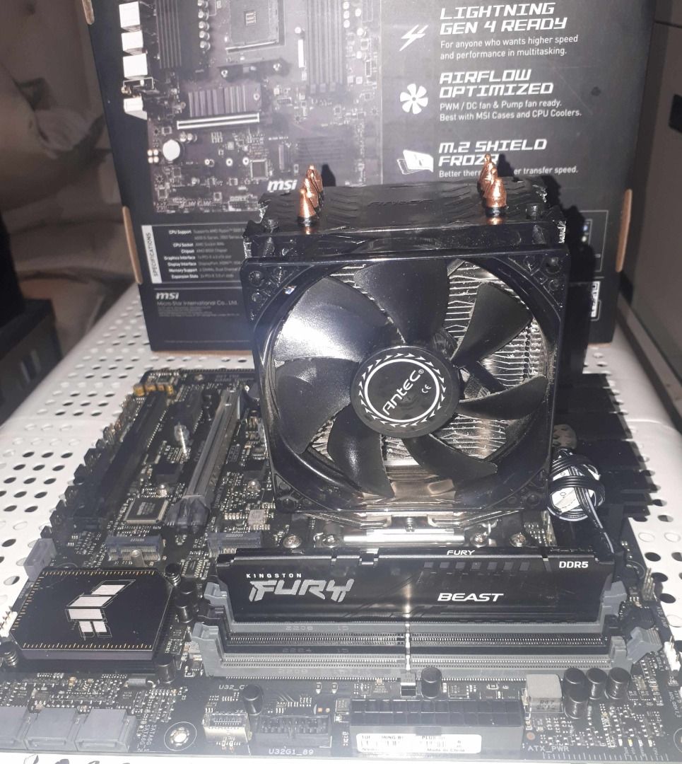 MSI 550M Motherboard with Antec CPU Cooler (Category: Computer Parts) located in Tagaytay City. Submitted by carlydee (Listing ID 1398691884, Image 3). Description: - MSI 550M Motherboard ASUS TUF B650M-PLUS GAMING WIFI AM5/AMD B650/4XDDR5/PCIE3.0/4.0/2XM.2/WIFI/BT/UB3.2/2.0/DP/HDMI/AURA RGB/SUPREMEFX7.1/MATX MOTHERBOARD - Antec CPU Cooler included - Supports DDR4 memory - Efficient cooling with large heatsink and fan - Kingston Fury Beast DDR5 R