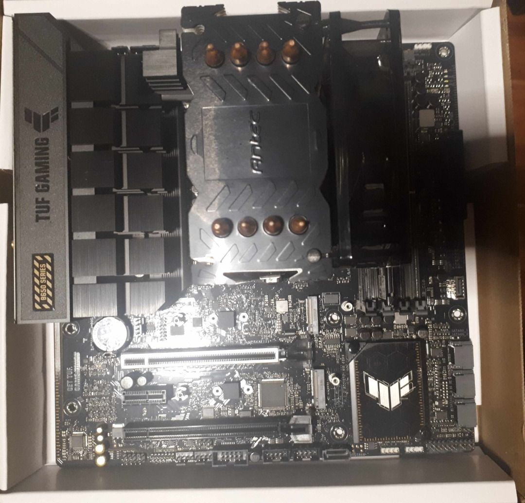 MSI 550M Motherboard with Antec CPU Cooler (Category: Computer Parts) located in Tagaytay City. Submitted by carlydee (Listing ID 1398691884, Image 2). Description: - MSI 550M Motherboard ASUS TUF B650M-PLUS GAMING WIFI AM5/AMD B650/4XDDR5/PCIE3.0/4.0/2XM.2/WIFI/BT/UB3.2/2.0/DP/HDMI/AURA RGB/SUPREMEFX7.1/MATX MOTHERBOARD - Antec CPU Cooler included - Supports DDR4 memory - Efficient cooling with large heatsink and fan - Kingston Fury Beast DDR5 R