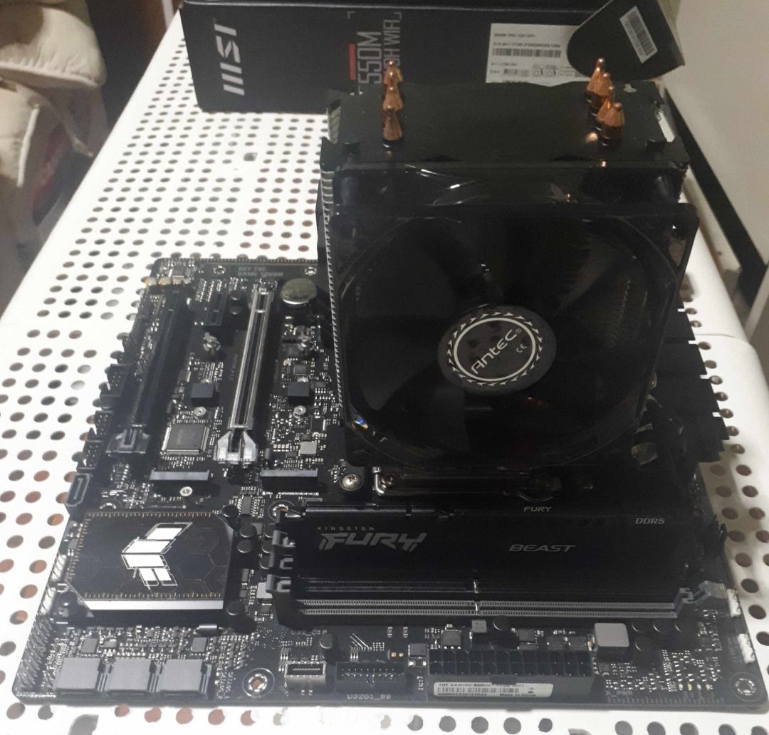 MSI 550M Motherboard with Antec CPU Cooler (Category: Computer Parts) located in Tagaytay City. Submitted by carlydee (Listing ID 1398691884, Image 1). Description: - MSI 550M Motherboard ASUS TUF B650M-PLUS GAMING WIFI AM5/AMD B650/4XDDR5/PCIE3.0/4.0/2XM.2/WIFI/BT/UB3.2/2.0/DP/HDMI/AURA RGB/SUPREMEFX7.1/MATX MOTHERBOARD - Antec CPU Cooler included - Supports DDR4 memory - Efficient cooling with large heatsink and fan - Kingston Fury Beast DDR5 R