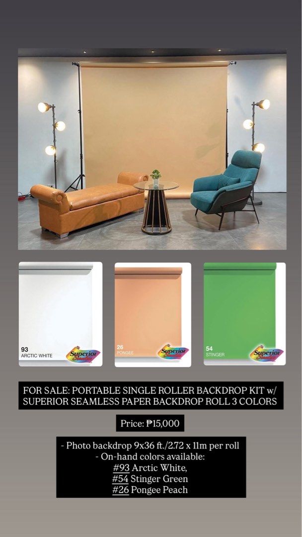 PORTABLE ROLL-UP BACKDROP KIT w/ 3 SEAMLESS PAPER ROLLS (Category: Lighting & Studio Equipment) located in Antipolo. Submitted by thriftmanilaxx (Listing ID 1398674704, Image 1). Description: Loc: Upper Antipolo Pick-up c/o buyer.