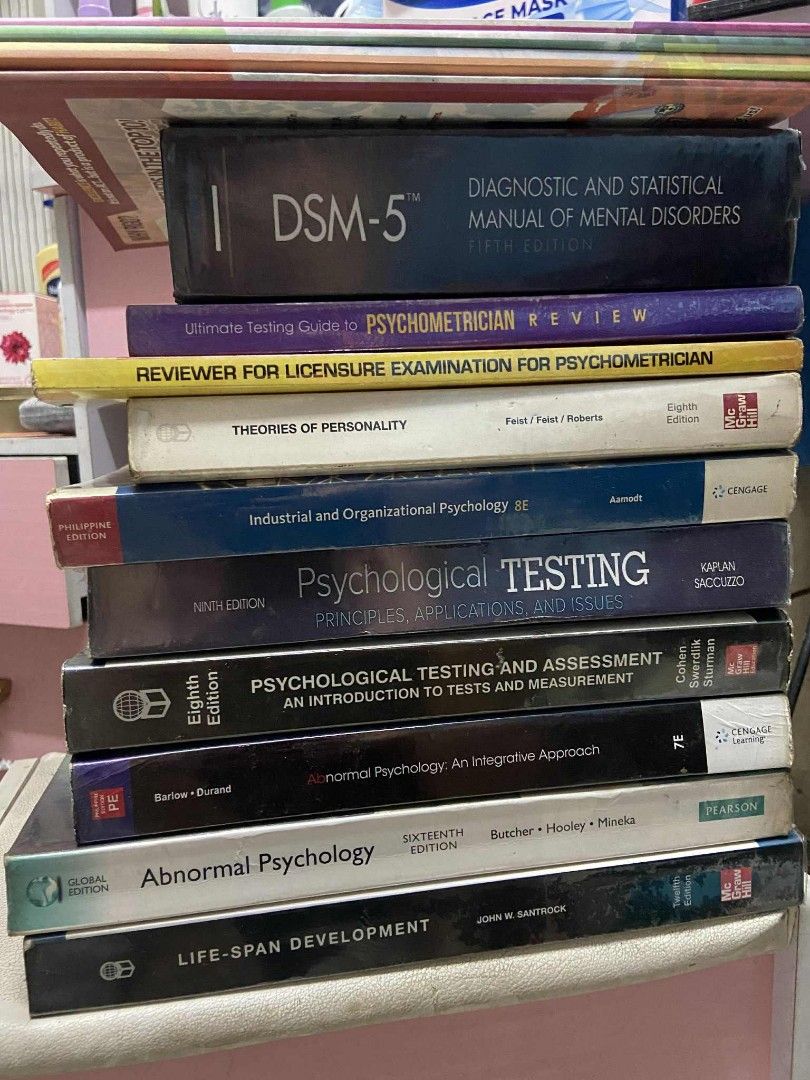 Psychology Books (Category: Textbooks) located in Caloocan City. Submitted by cathlynnn (Listing ID 1398658580, Image 2). Description: 📚 PSYCHOLOGY BOOKS FOR SALE! 📍Location: South- Caloocan 1. Life -Span Development (Santrock) 700 2. Abnormal Psychology (Butcher, Hooley & Mineka) 800 3. Psychological Testing and Assessment (Cohen, Swerdlik & Sturman) 600 4. Abnormal Psychology (Barlow & Durand) 700 5. Psychological Testing (Kaplan & Sacuzzo) 6