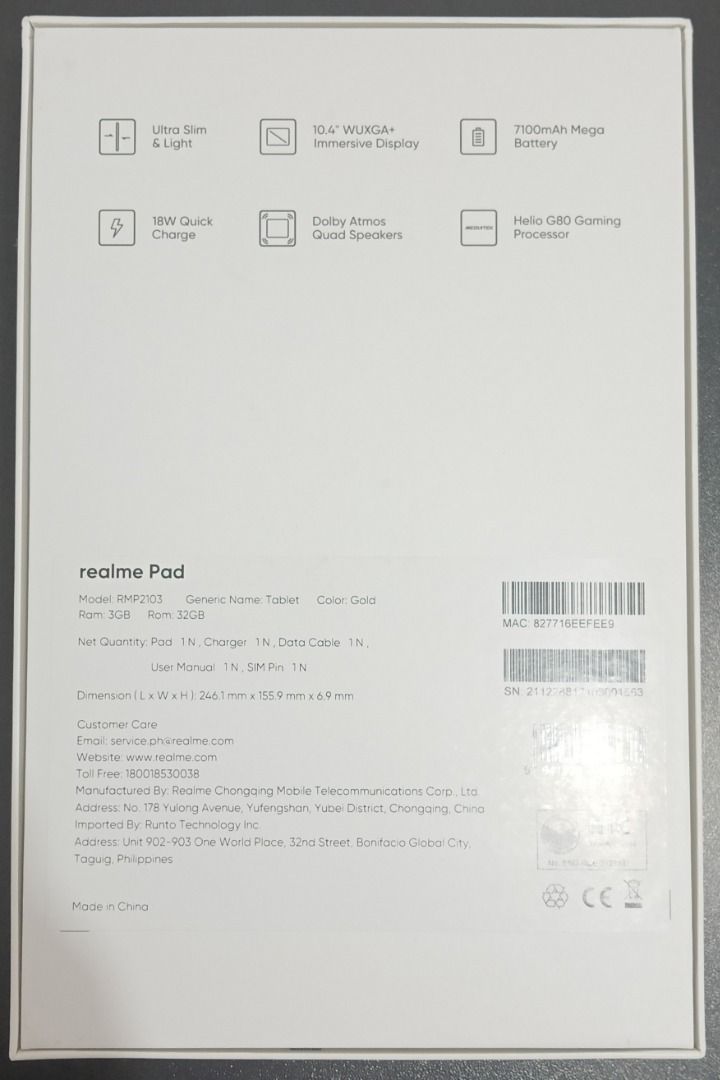 realme pad 10.4 RMP2103 3gb+32gb wifi android tablet (Category: Android) located in Antipolo. Submitted by bloodflowers (Listing ID 1398656552, Image 3). Description: The realme Pad features a 10.4” WUXGA display and screen resolution of 2000x1200 that offers immersive viewing experience to its users. It is equipped with four luxurious Dolby Atmos speakers and supports adaptive surround sound. It is also as thin as 6.9mm and only weighs 440g maki