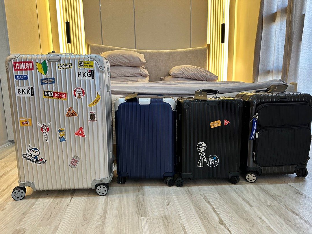 Rimowa Suitcase (Category: Luxury Bags & Wallets) located in Mandaue City. Submitted by jimboy1966 (Listing ID 1398617742, Image 1). Description: 1. Topaz Original Large pre lvmh - 65k newly replaced wheels original from Rimowa Osaka shop Aug2025 2. Hybrid Cabin S - 55k like new with complete papers and dust bag (lifetime wty) 3. Classic Cabin Black - 60k like new (wty until 2027) 4. Salsa Deluxe Hybrid Granite Brown - pre LVMH- 50k ——- SOLD comp