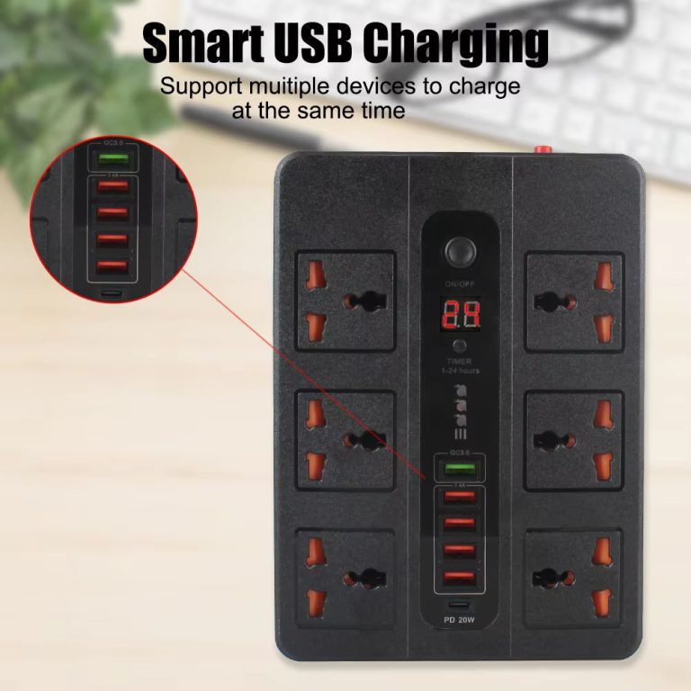 Six Universal Socket Extension Outlet With 5 USB 1 Type-C And Timer (Category: Cables & Adaptors) located in Caloocan City. Submitted by latestgadgetph (Listing ID 1398637355, Image 3). Description: SKU: Black : LGGENBKL11BLA-204567 White : LGGENBKL11WHI-204568 Features: 3000W power strip, surge protector with overload protection protects against spikes and fluctuations. With timing function, you can set the time when the appliance is connected t