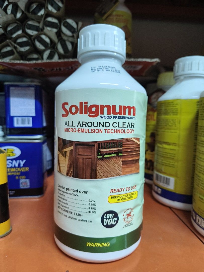 solignum all around clear 1 liter (Category: Soil & Fertilisers) located in Manila. Submitted by kulitzmagicalstore (Listing ID 1398546980, Image 1). Description: A water-based micro-emulsion clear wood preservative fluid for the control of wood boring insects, termites and fungal decay. It is formulated for use in both internal and external timbers and is intended for remedial use and pre-construction treatment of wood..