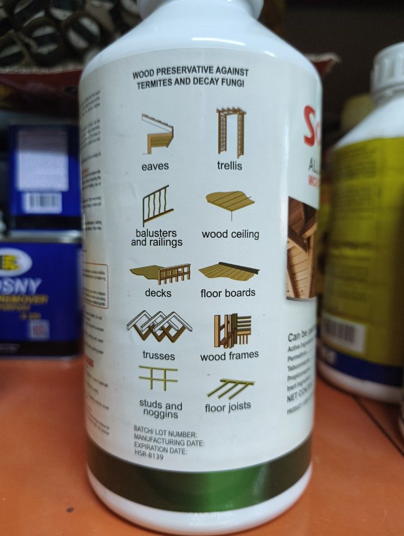 solignum all around clear 1 liter (Category: Soil & Fertilisers) located in Manila. Submitted by kulitzmagicalstore (Listing ID 1398546980, Image 3). Description: A water-based micro-emulsion clear wood preservative fluid for the control of wood boring insects, termites and fungal decay. It is formulated for use in both internal and external timbers and is intended for remedial use and pre-construction treatment of wood..