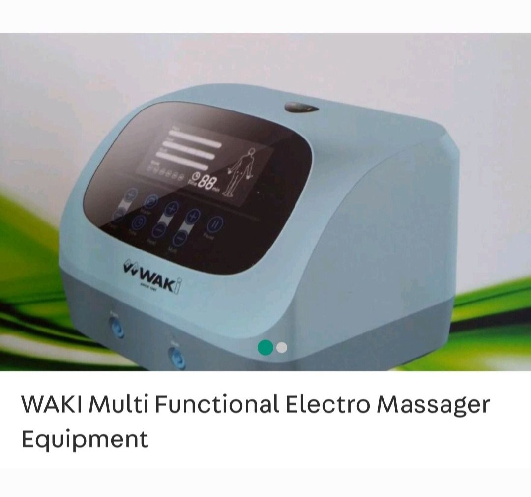 WAKI Multi Functional Electro Massager Equipment (Category: Massage Devices) located in Manila. Submitted by joeysq2004 (Listing ID 1398547011, Image 1). Description: - WAKI Multi Functional Electro Massager - Digital display for easy setting adjustments - Features a human figure illustration - Multiple control buttons for various massage modes - Two output ports for simultaneous use - Stylish light blue and gray color scheme - Prominent WAKI bra