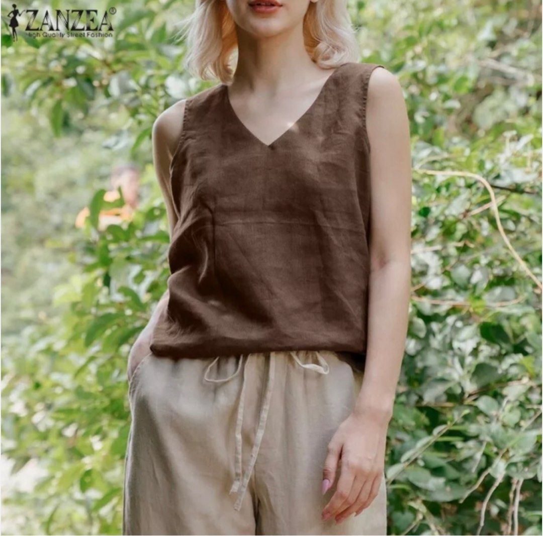 Zanzea Brown Sleeveless Linen Top (Category: Sleeveless) located in Antipolo. Submitted by p0123 (Listing ID 1398563260, Image 1). Description: -Brand new in size LARGE and color brown. Tag is still on -Linen Cotton -No issues. Good quality. Perfect for summer -MOP: gcash - Sf shouldered by buyer.