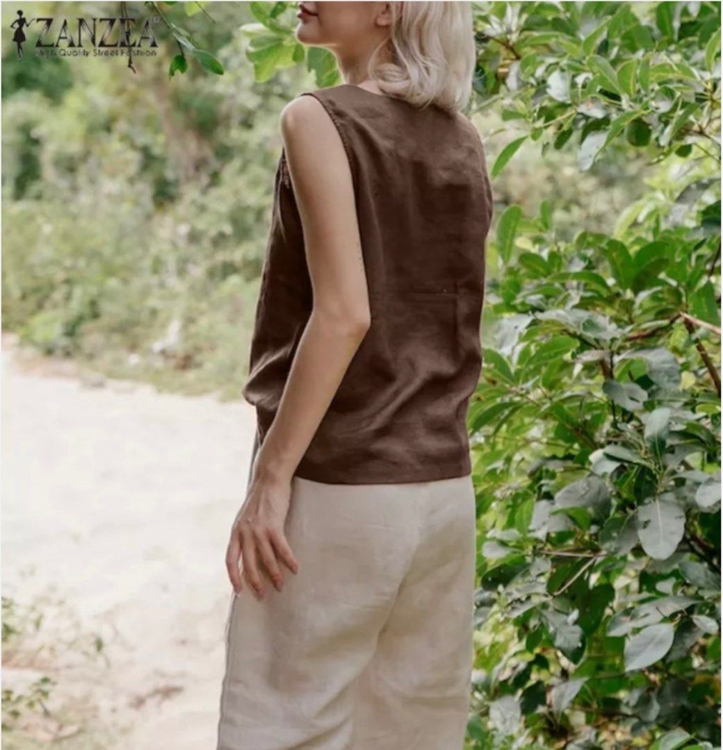 Zanzea Brown Sleeveless Linen Top (Category: Sleeveless) located in Antipolo. Submitted by p0123 (Listing ID 1398563260, Image 2). Description: -Brand new in size LARGE and color brown. Tag is still on -Linen Cotton -No issues. Good quality. Perfect for summer -MOP: gcash - Sf shouldered by buyer.