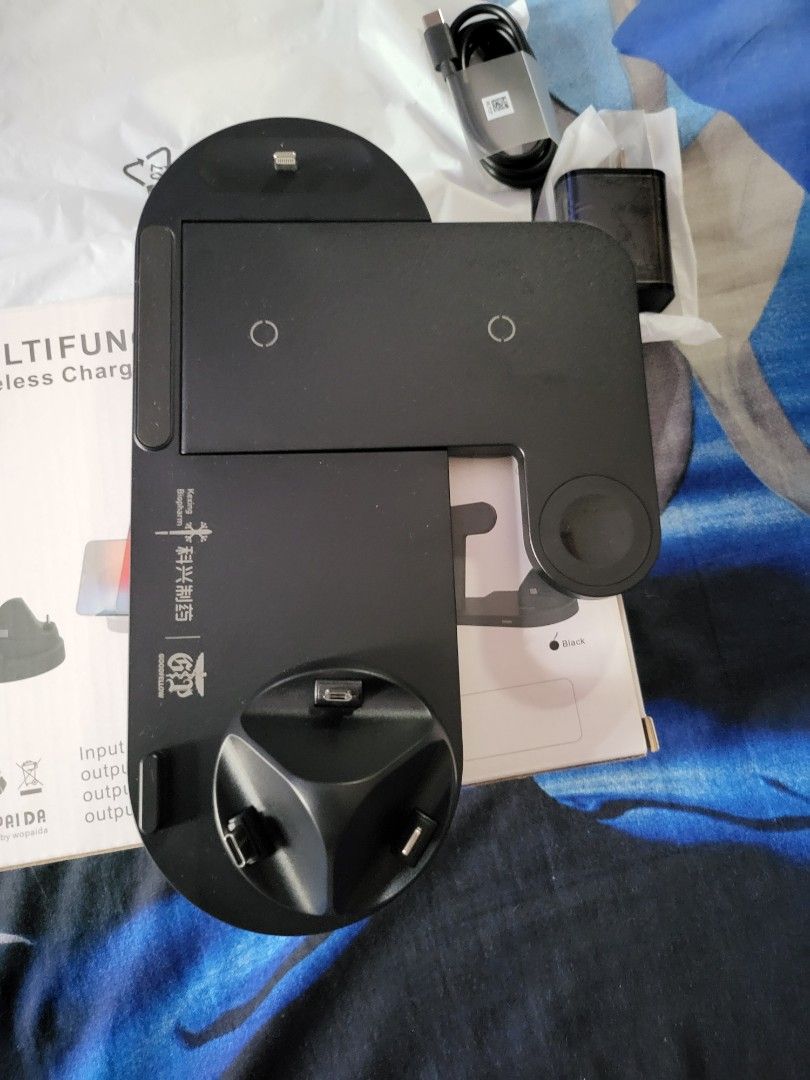 45S Multifunction Wireless Charger (6 in 1) (Category: Chargers & Cables) located in Manila. Submitted by nostradamut (Listing ID 1398730675, Image 2). Description: For Sale: 45s Multifunction Wireless Charger - 6 in 1 - Wireless charging for iPhone, Android, smartwatch, and earbuds - Includes charging adapter and USB-C cable - Input: 5V/2A, 9V/2A, 12V/1.5A - Watch output: 3W - Earphone output: 5W-7.5W - Phone output: 10W-15W - Multiple charging 