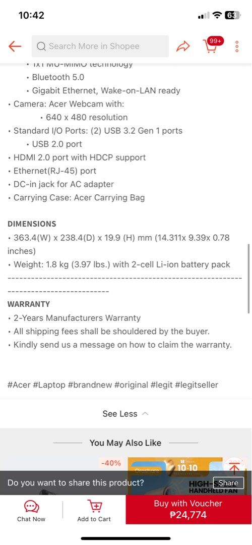 Acer aspire 3 (Category: Laptops & Notebooks) located in Pasig City. Submitted by skydecluttering (Listing ID 1398837790, Image 3). Description: Bought for 25k NEGOTIABLE 15.6 inches No issues Rfs: need funds.