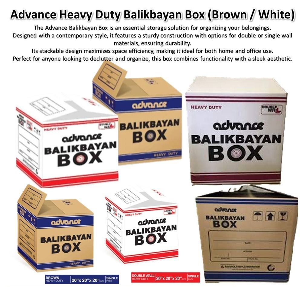 Advance Heavy Duty Balikbayan Box (Brown / White) (Category: Storage Boxes & Baskets) located in Manila. Submitted by golden888onlineshop (Listing ID 1398761128, Image 1). Description: ✅ Advance Heavy Duty Balikbayan Box (Brown / White) The Advance Balikbayan Box is an essential storage solution for organizing your belongings. Designed with a contemporary style, it features a sturdy construction with options for double or single wall materials, e