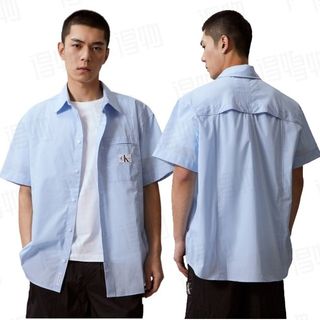 CALVIN KLEIN CK復古通勤布標貼袋條紋寬鬆短袖襯衫  Shirts64183207695489110