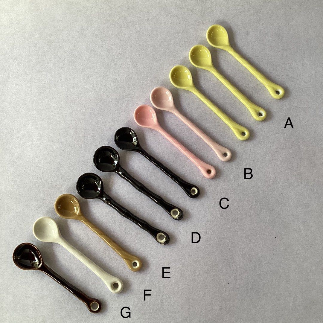 Ceramic Teaspoons (Category: Coffee & Tea Tableware) located in Davao. Submitted by atbpshop192593 (Listing ID 1398865752, Image 1). Description: Php65 each Available: A-2 pcs, B-1 pc, D-2 pcs, E, F Please message, “Mine + corresponding letter + number of pcs - if applicable ” L: 4.7 inches (longest) L: 4 inches (shortest) Please REVIEW PHOTOS First to pay.