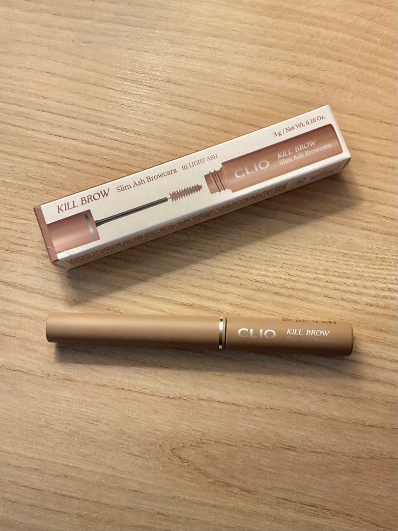 CLIO Kill Brow Slim Ash Browcara - 02 Light Ash (Category: Makeup) located in Quezon City. Submitted by maychamatcha (Listing ID 1398756455, Image 2). Description: Still new, just purchased recently Used once lang to test but too light on me pala 🥲 Bought from Clubclio.official sa 🍊 app Really love the slim wand and the overall luxury feel of the packaging Rfs: will save up for a darker shade. I have thin light eyebrows and thought this would b