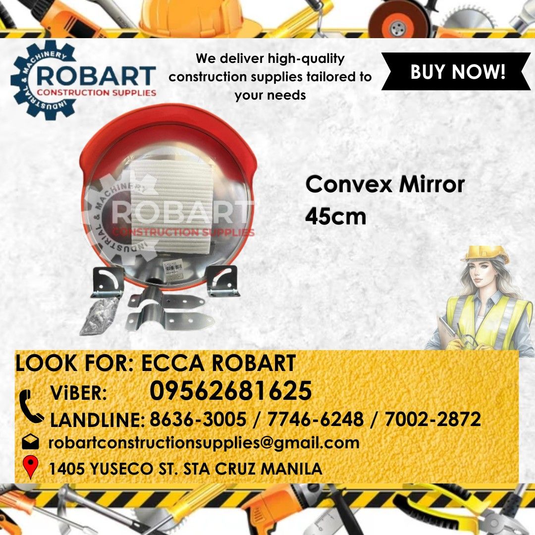Convex Mirror 45cm (Category: Construction Tools & Equipment) located in Manila. Submitted by eccarobart59763 (Listing ID 1398767082, Image 1). Description: Convex Mirror 45cm SEND US MESSAGE FOR INQUIRIES ‼️ ‼️ Look For: Ecca Robart 09562681625 8636-3005/ 7746-6248/7002-2872 Email: e c c a r o b a r t s a l e s @ g m a i l . c o m r o b a r t c o n s t r u c t i o n s u p p l i e s @ g m a i l . c o m 𝑹𝑶𝑩𝑨𝑹𝑻 𝑪𝑶𝑵𝑺𝑻𝑹𝑼𝑪𝑻𝑰𝑶𝑵 𝑺𝑼𝑷