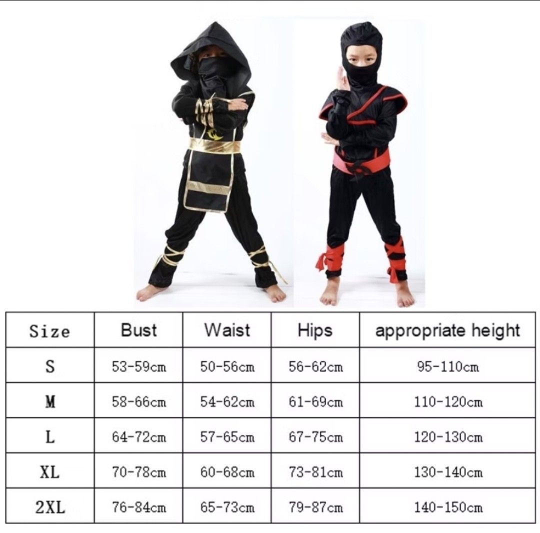 Ninja Costume for Kids (Medium) (Category: Babies & Kids Fashion) located in Quezon City. Submitted by itsfin (Listing ID 1398854336, Image 2). Description: - Ninja costume for kids! - Includes hooded top, pants, and face covering. - Color: Black with gold accents. - Available sizes: S and M - Please refer to the size chart - Perfect for Halloween or dress-up! I have 2 kids. Small P450.00 Medium P550.00.