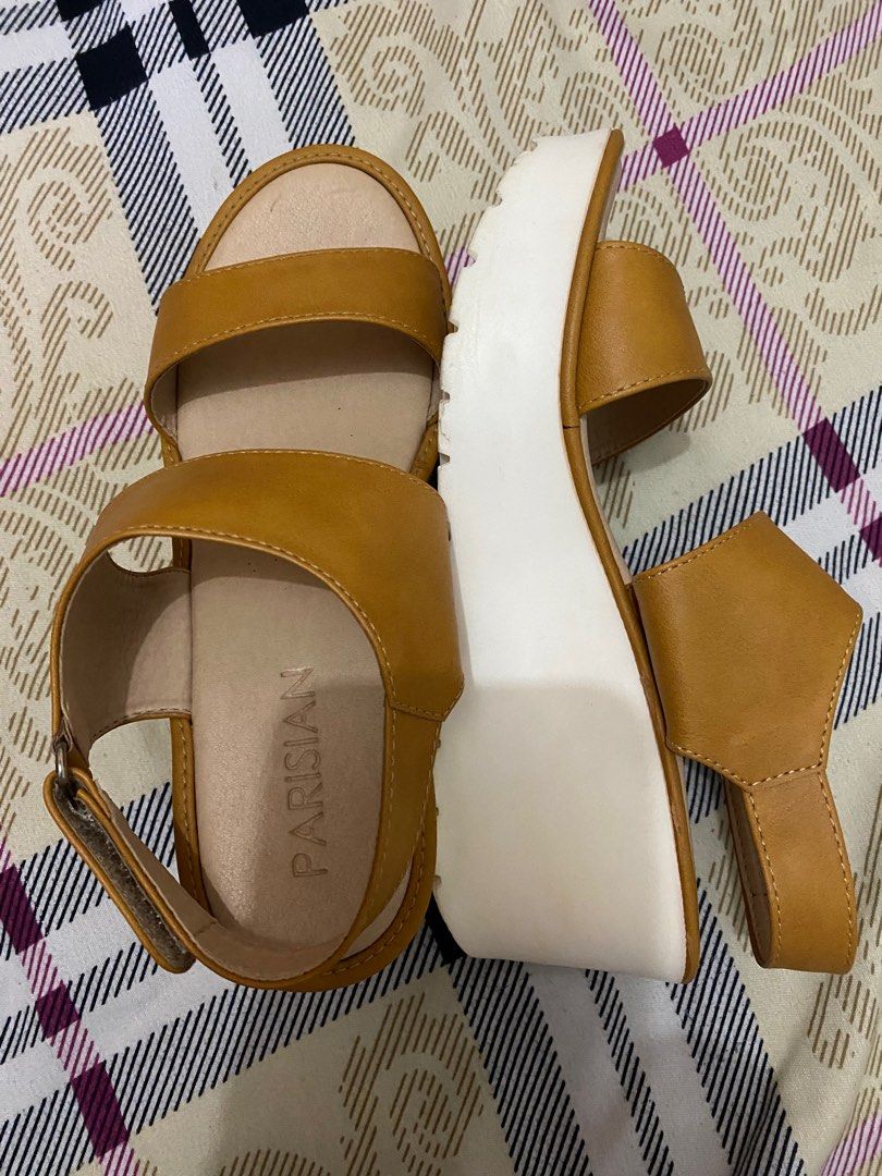 Parisian Wedge Sandals (Category: Flats & Sandals) located in Carmona. Submitted by cheesecake_21 (Listing ID 1398818134, Image 2). Description: - Stylish Parisian wedge sandals - Mustard yellow color - Comfortable strap closure - White wedge sole - Perfect for casual wear - Size not specified -Graduation lang ginamit -799 ang orig na price.
