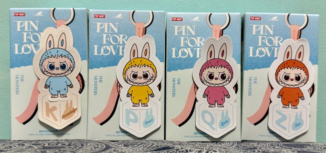Pop Mart Pin for Love V4 (Category: Designer & Blind Box Toys) located in Quezon City. Submitted by proudrn (Listing ID 1392791381, Image 1). Description: For Sale: Pin for Love V4 (opened bottom box, confirmed letters/colors) Prices: K - 800 P - 700 Q - 800 Z - 700 + 50 pesos for the mini Labubu plastic case/protector 📍QC (meet up in GMA Kamuning MRT Station) 📦 Lalam0ve, grAb or j&T.