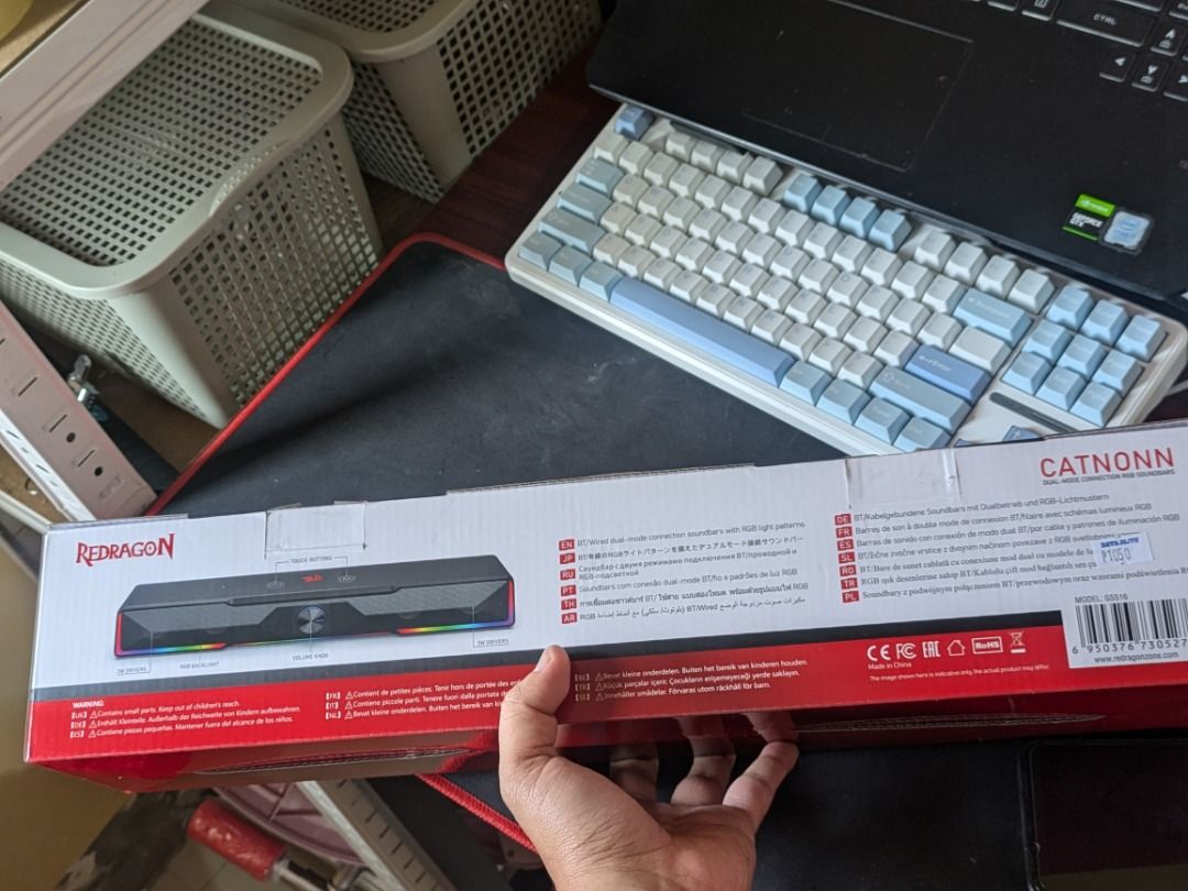 Redragon Catnunn Soundbar (Category: Soundbars, Speakers & Amplifiers) located in Bulacan. Submitted by sashimi31 (Listing ID 1398712359, Image 3). Description: isang araw lang nagamit, tinapos lang ang THE LAST OF US 2.. complete with box ang reciept - Redragon Catnunn soundbar - Includes original box, manuals, and accessories - Features RGB lighting - Purchased from DataBlitz on October 5, 2023 - Still in original packaging.