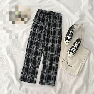 🆕黑色 英倫 格紋 褲 表面薄絨毛 橡筋腰 拼色 黑白 休閑 長褲 gangham pants64203086331905110
