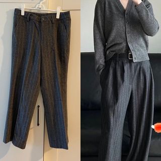 Korean Style High-Quality Vertical Stripe Dark Gray Wool Trousers, Dress Pants, Suit Pants, Straight-Leg Pants, Stripe Pattern Chic Wool Pants, Must-Have for Office Workers64195000823554110