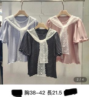 韓國衫 東大門 Made in Korea Holly Sugar蕾絲領巾條紋短袖上衣 淺藍色64193781911809110