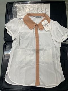 全新連吊牌 米色白色拼橘色雙層娃娃領雪紡chiffon 半透明仙氣鈕釦短袖上衣top OL上班返工 dating 約會 tee shirt blouse office lady cute 可愛 sexy64194754873602110