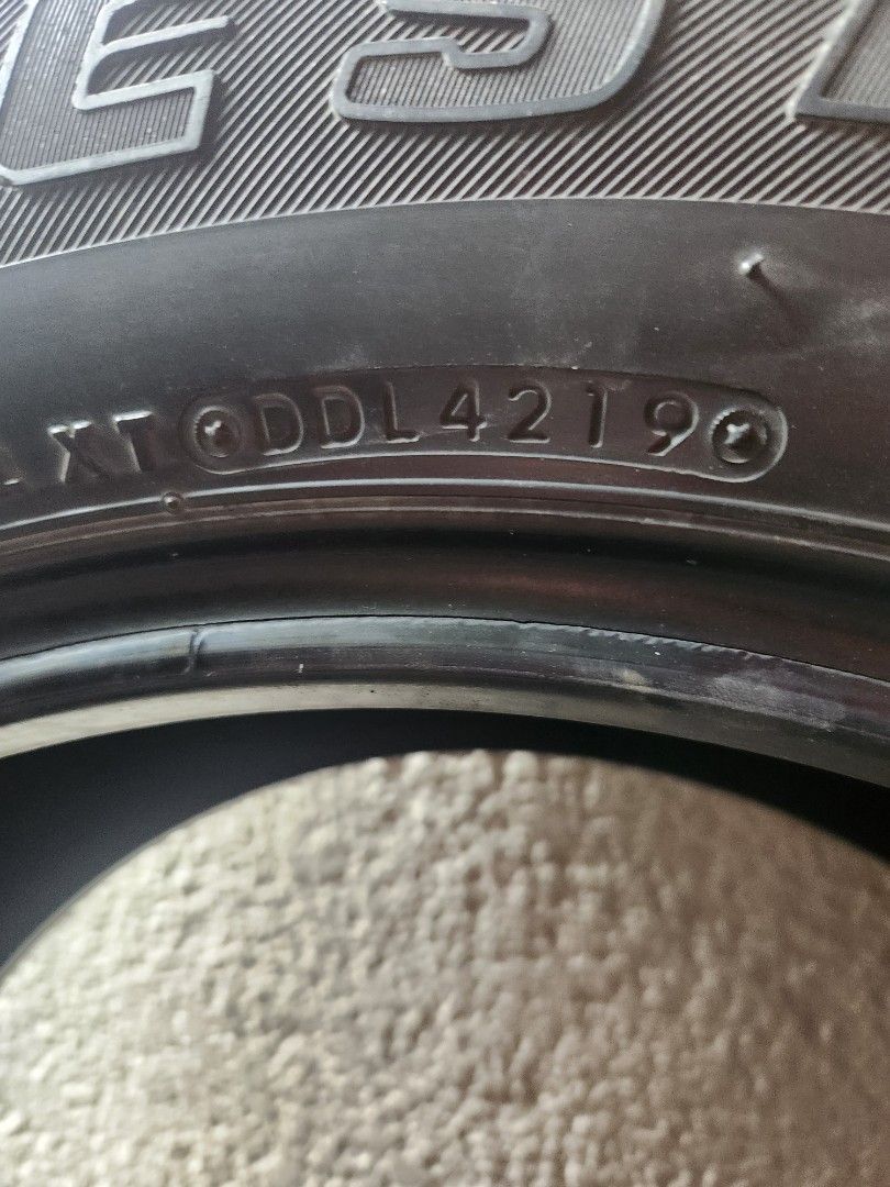 Bridgestone 18 tires (Category: Mags and Tires) located in Quezon City. Submitted by aly67 (Listing ID 1398905217, Image 2). Description: Bridgestone HT 265/60/18 used tires. 30 to 40% remaining thread life. 4pcs dot 2019. P5000. nego upon viewing. for faster transaction you can txt me at 09189155919. QC area.