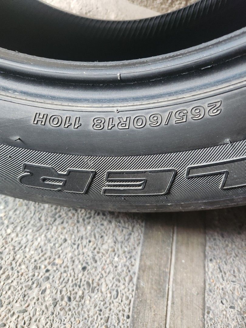 Bridgestone 18 tires (Category: Mags and Tires) located in Quezon City. Submitted by aly67 (Listing ID 1398905217, Image 1). Description: Bridgestone HT 265/60/18 used tires. 30 to 40% remaining thread life. 4pcs dot 2019. P5000. nego upon viewing. for faster transaction you can txt me at 09189155919. QC area.